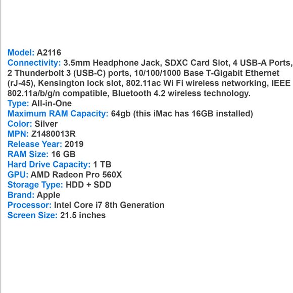 2019 iMac | 4K 21.5" Display | 1TB Drive | 16 GB RAM | Fast Intel i7 Processor! - Picture 6 of 6